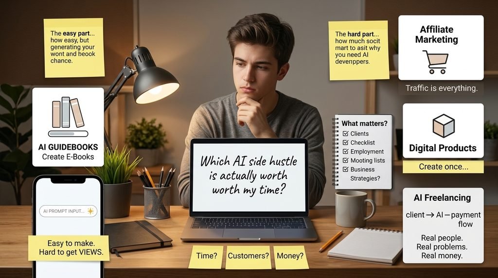Evaluating realistic AI side hustles on a workspace desk with notes on freelancing and digital products