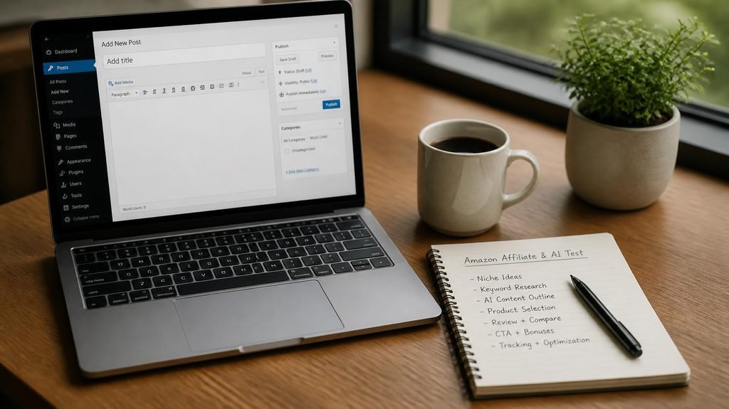 Minimalist workspace desk setup with notes on testing if AI-Generated content can make money with Amazon affiliate marketing